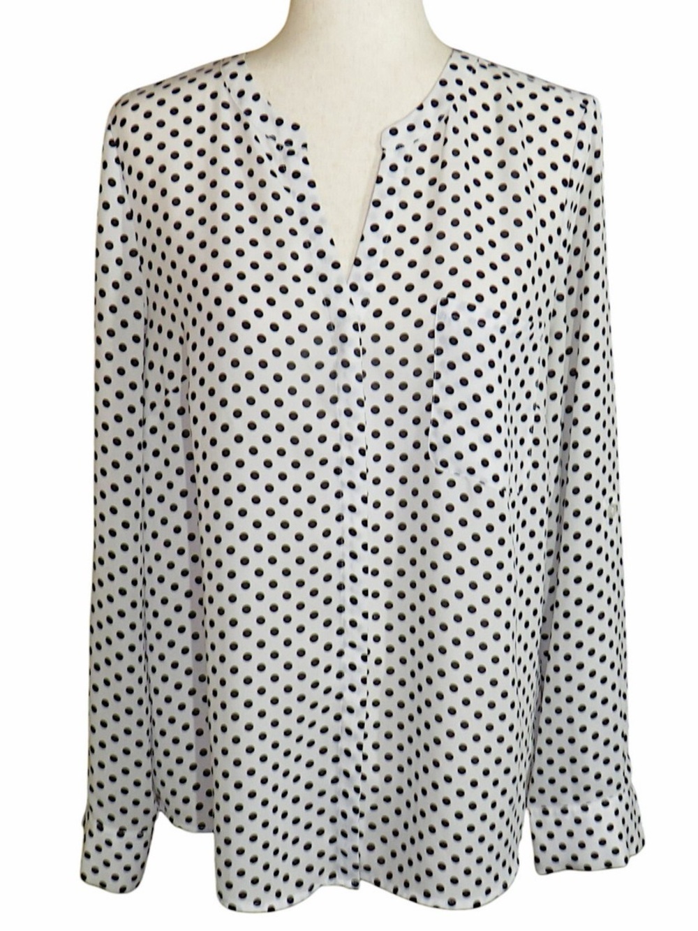 INC International Concepts White Blouse top Black Polka Dots roll tab 16 womens